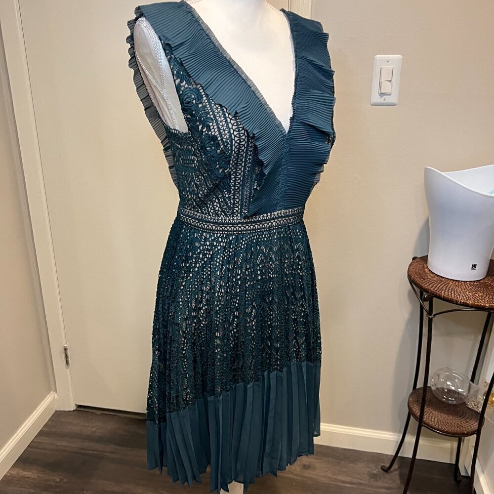 French Connection Teal Orabelle Lace Fit & Flare Ruffle Midi Dress, Size 6 - Picture 9 of 16